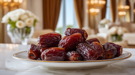 Plateful of Medjool Dates Presented Beautifully in Luxury Setting and Warm Lightの素材