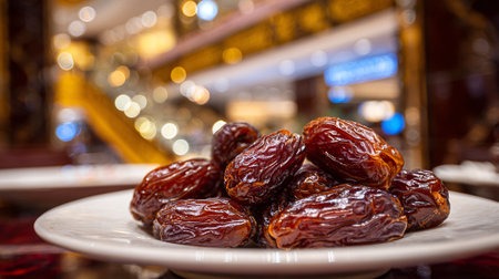 Plate of Dates against Blurred Background of Lights for Ramadanの素材