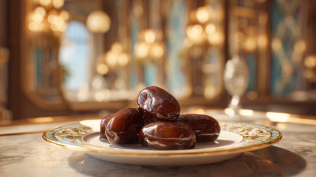 Sweet Medjool Dates Displayed on Elegant Decorative Plate for an Indulgent Treatの素材