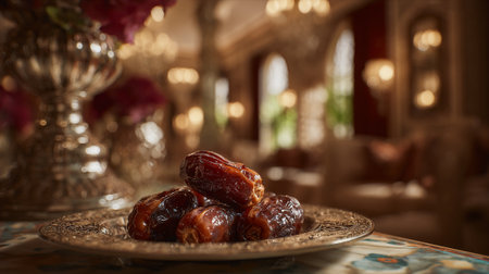 Delicious Dates Stacked on an Ornate Plate, Luxurious Ambience Backgroundの素材