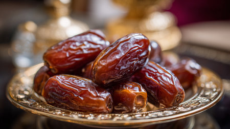 Delicious and glossy dates presented on a decorative golden dishの素材
