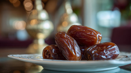 Fresh Medjool Dates Showcase on Decorative Plate with Blurred Backgroundの素材