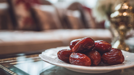 Delicious Dates on a Decorative Plate Displayed on a Glass Tableの素材