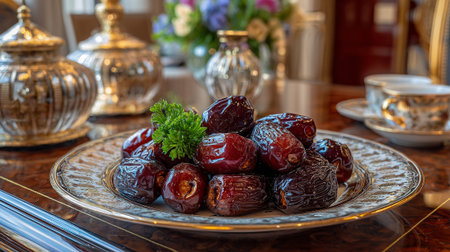Fresh Dates Served on Elegant Plate with Gold Rim, Beautiful Arrangementの素材