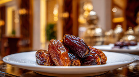 Pile of Medjool Dates on White Plate in a Luxurious Settingの素材