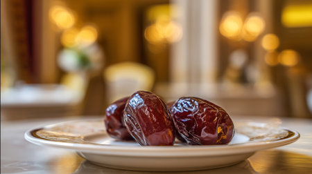 Three fresh dates presented elegantly on a decorative plate indoors.の素材