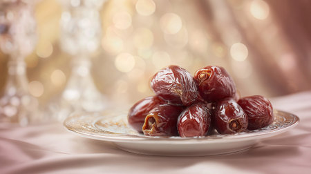 Succulent Dates on Elegant Plate Displayed with Soft Lighting and Bokehの素材