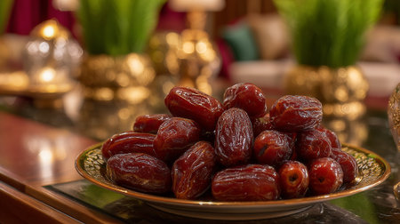 Fresh dates on golden ornate plate in luxury setting for indulgenceの素材