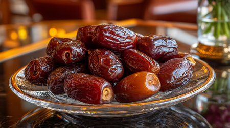 Delicious Fresh Dates Displayed on a Luxurious Glass Plate Still Lifeの素材