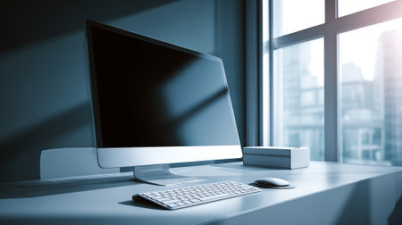 Streamlined desktop computer arrangement features a sleek, modern computer and keyboard placed upon a pristine desk beside a window. The image captures a sense of calm productivity and minimal style.の素材