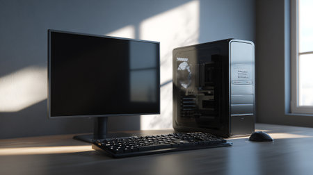 This image showcases a desktop computer setup. Includes a monitor, keyboard, mouse, and computer tower, all placed atop a light wooden desk. Natural sunlight filters through a nearby window, creating soft shadows on the wall.の素材