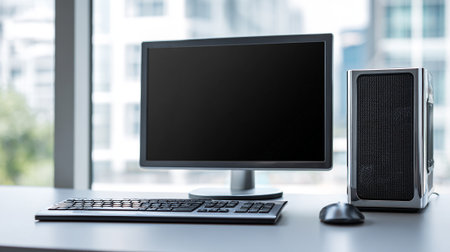 A contemporary computer setup featuring a sleek monitor, black keyboard, silver computer tower and mouse, positioned on a white desk against a bright office window background. The scene evokes a clean and productive workspace.の素材
