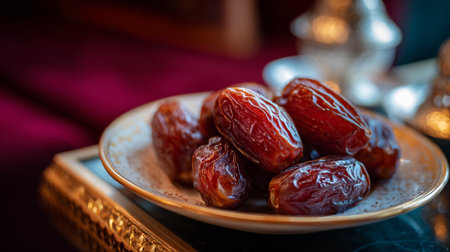 Dates on elegant plate, a delicious Middle Eastern treat, sweet and healthy.の素材