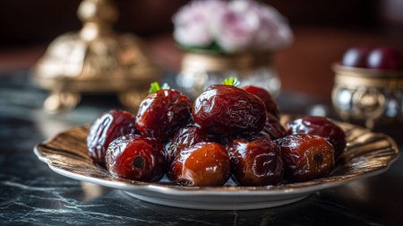 Delicious Fresh Dates Arranged on a Decorative Gold Plate for Servingの素材