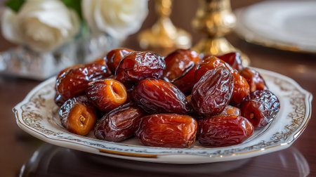 Delicious Dates Showcase on Elegant Plate, Displaying Rich Colors and Textureの素材
