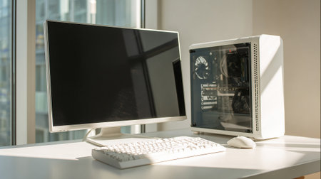 A sleek, minimalist workstation setup showcasing a clean white aesthetic. The image features a desktop computer, monitor, keyboard and mouse on a bright white table bathed in natural light from a nearby window.の素材