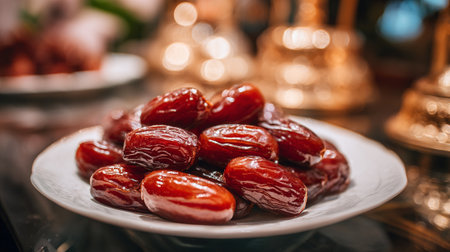 Fresh Dates on Plate Displayed in Festive Setting with Soft Lightingの素材