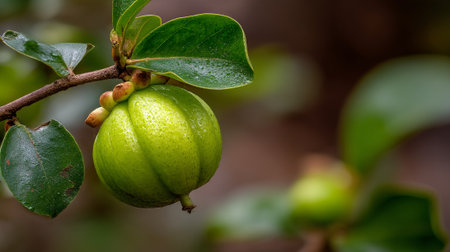 Green fruit hanging from a branch with vibrant leaves in natureの素材