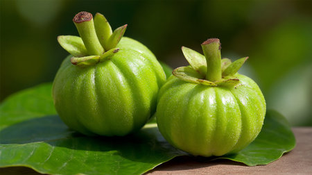 Green Garcinia Cambogia fruits, vibrant and naturally organic looking against a blurred backdrop.の素材
