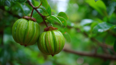Garcinia Cambogia: Two vibrant green fruits hanging gracefully from their branchの素材