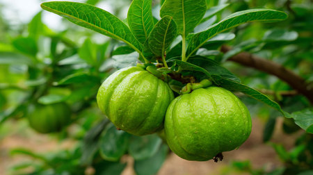 Lush green garcinia cambogia fruits on the tree, a vibrant tropical sceneの素材