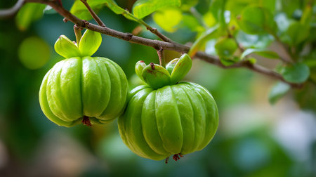 Garcinia Cambogia fruit hanging on a branch with green leaves.の素材