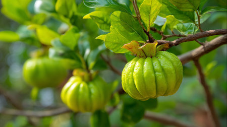 Garcinia cambogia fruit growing on the branch of the tree in sunlight.の素材