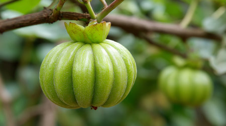 Bright Green Garcinia Cambogia Fruit Growing on Tree Branch in Gardenの素材