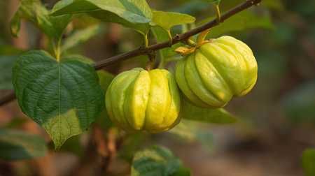 Garcinia gummi-gutta fruit hanging, a tropical plant with culinary applications and medicinal propertiesの素材