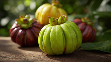 Exotic Garcinia Cambogia Fruits in Varying Colors Resting on Rustic Woodの素材