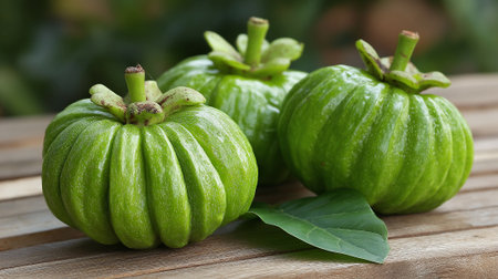Garcinia cambogia fruits with leaves, on a wooden table, studio shotの素材