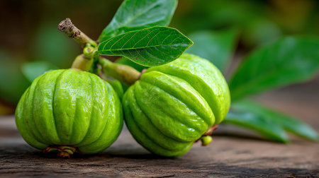 Fresh green Garcinia cambogia fruits, natural supplement ingredient on rustic wood table.の素材