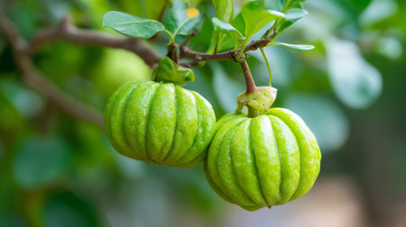 Garcinia Cambogia hanging from the branch showcases the vibrant, healthy fruit.の素材