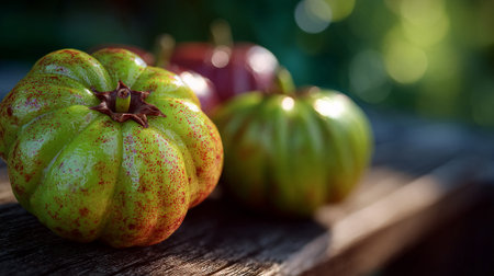 Garcinia Gummi-Gutta fruits arrangement on a wooden surface with bokeh backgroundの素材