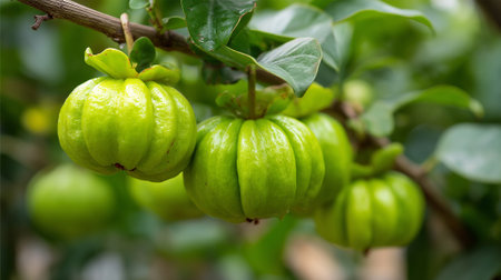 Garcinia Cambogia fruits hanging on a branch amidst green foliageの素材