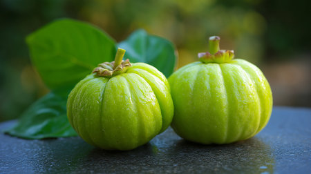 Two Fresh Green Garcinia Cambogia Fruits Exhibiting Natural Beauty and Healthy Propertiesの素材