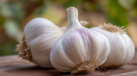Fresh Garlic Bulbs: A Culinary Staple on Rustic Wooden Surfaceの素材
