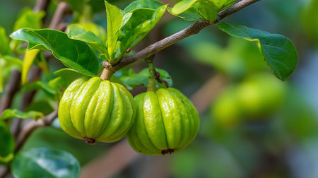 Hanging Garcinia Cambogia Fruit on a Branch, Vibrant and Fresh Lookの素材