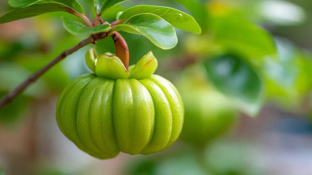 Garcinia cambogia fruit close up hanging from branch with vibrant green leavesの素材