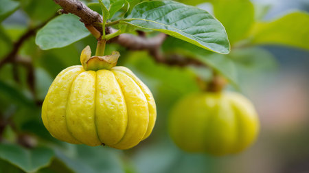 Tropical Garcinia Cambogia Fruit Hanging from Branch, Exotic Produce Detailの素材