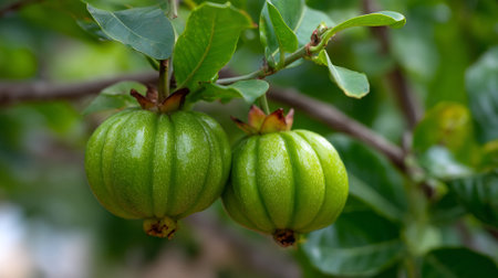 Bright Green Garcinia Cambogia Fruit Hanging from Branch in Lush Foliageの素材