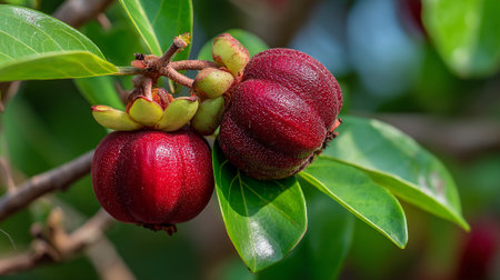 Velvet Apple Fruit Close-Up with Green Leaves on the Tree Branchの素材