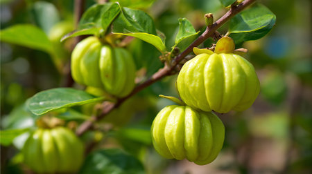 Garcinia cambogia hanging from a branch, exotic fruit in nature, foliageの素材