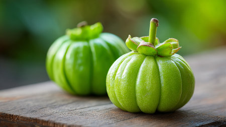 Garcinia Cambogia Still Life: Two Green Fruits on Wooden Surfaceの素材