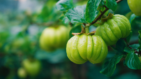 Garcinia Cambogia hanging from a tree with vibrant green leaves around them.の素材