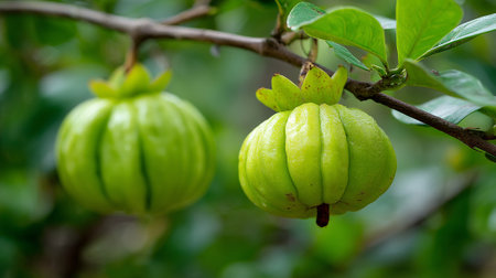 Garcinia Cambogia Hanging from a Branch in Natural Sunlight with Green Leavesの素材