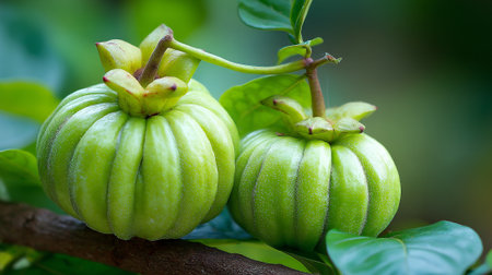 Garcinia Cambogia Fruit: Two vibrant green fruits on a branchの素材