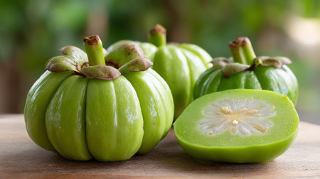 Fresh Garcinia Cambogia Fruits Displaying Vibrant Green Hues on a Wooden Surfaceの素材
