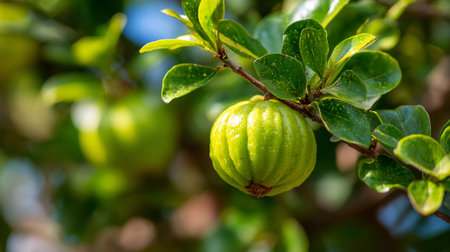 Tropical Garcinia Cambogia fruit growing and hanging on tree branch.の素材