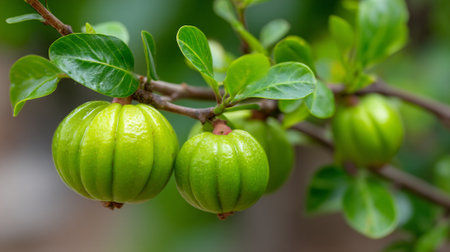 Vibrant green Garcinia Cambogia fruits growing on a tree branchの素材